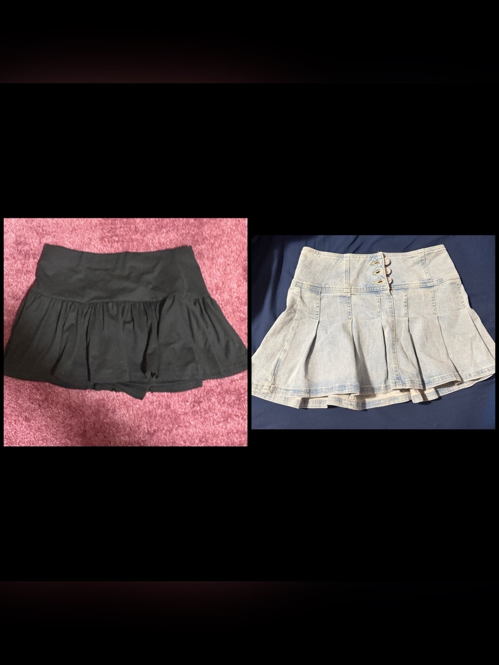 Black Ruffled Skirted Shorts and Denim skirt.
